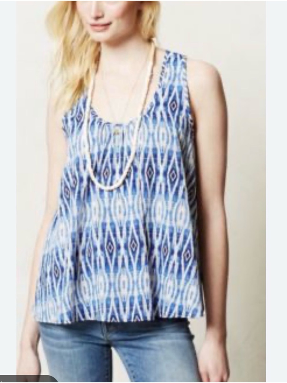 Anthropologie Blue White Ikat Sleeveless Tank Top Size XL